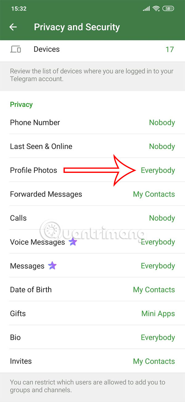 Chỉnh riêng tư avatar Telegram