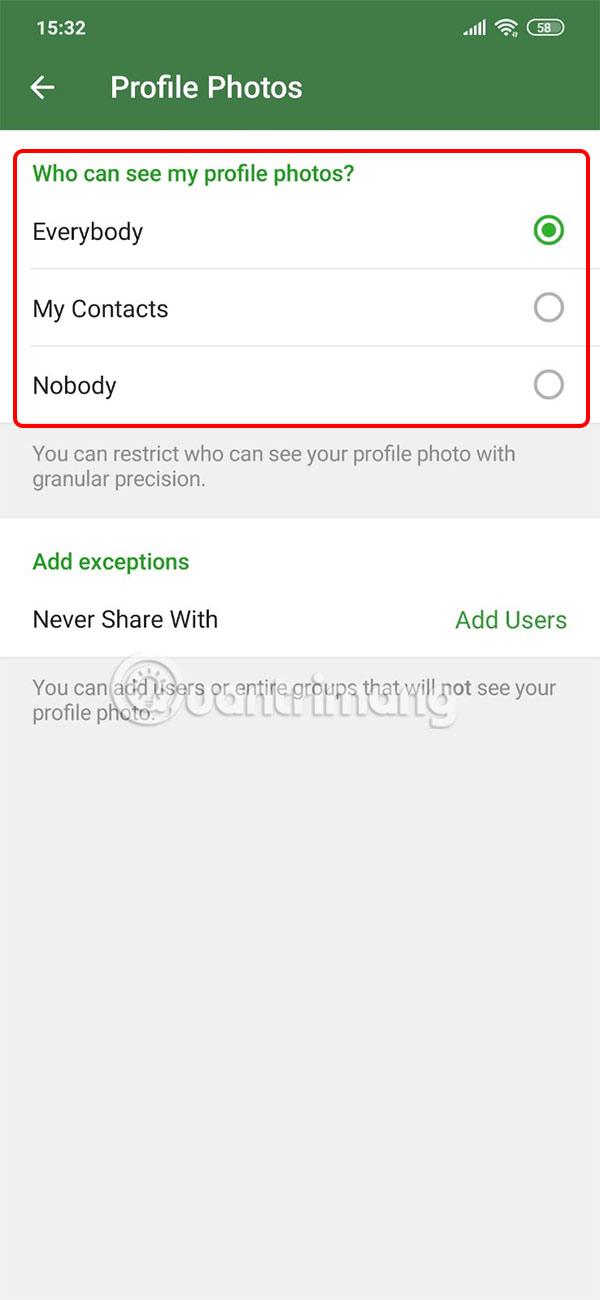 Chỉnh quyền riêng tư avatar Telegram