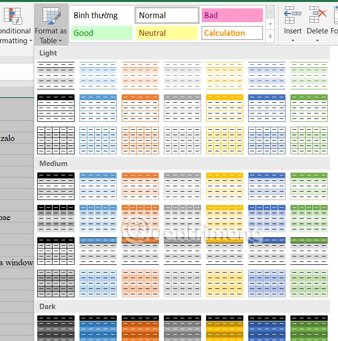 Định dạng bảng trong Excel 
