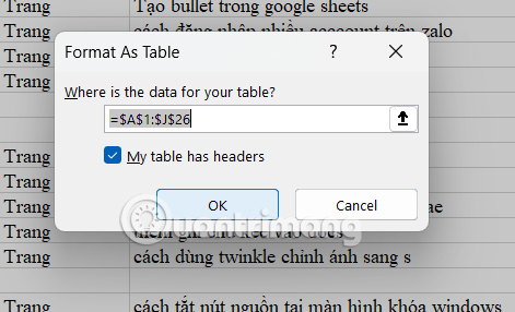 Khoanh vùng dữ liệu trong Excel 