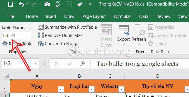 Đặt tên mới cho bảng trong Excel 