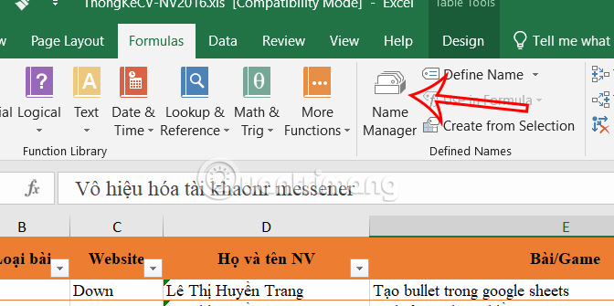 Quản lý tên bảng trong Excel 