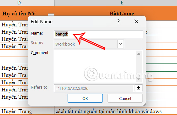 Nhập tên bảng trong Excel 