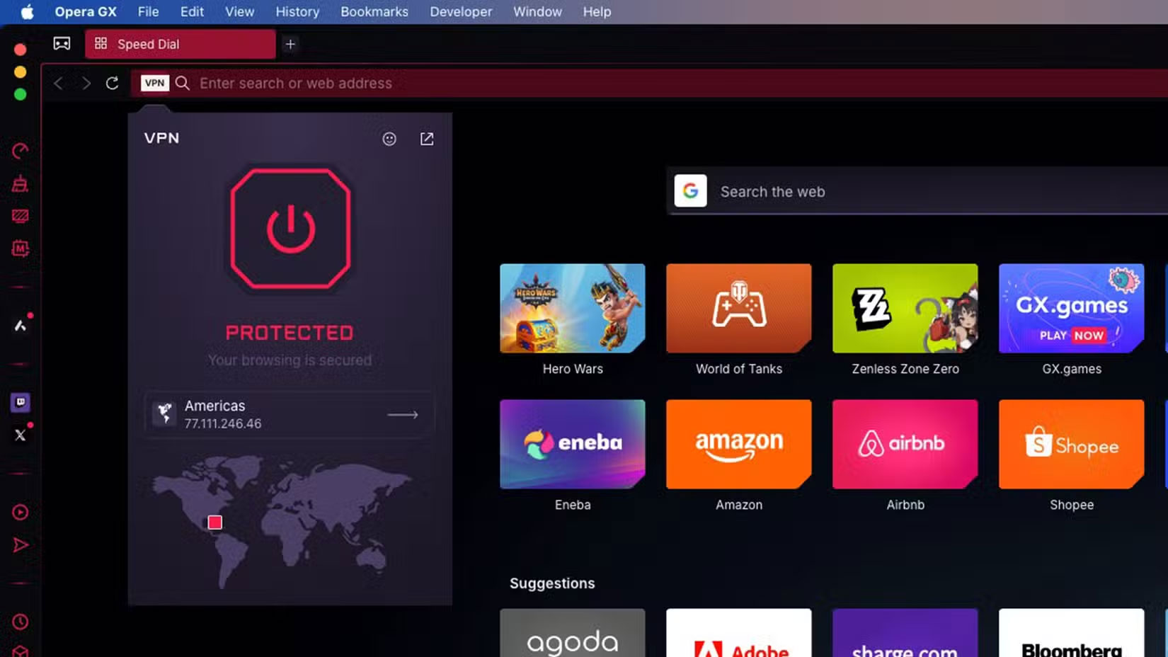 VPN tích hợp trên Opera GX