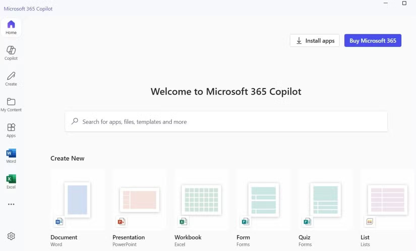 Tab Home ứng dụng Microsoft 365 Copilot