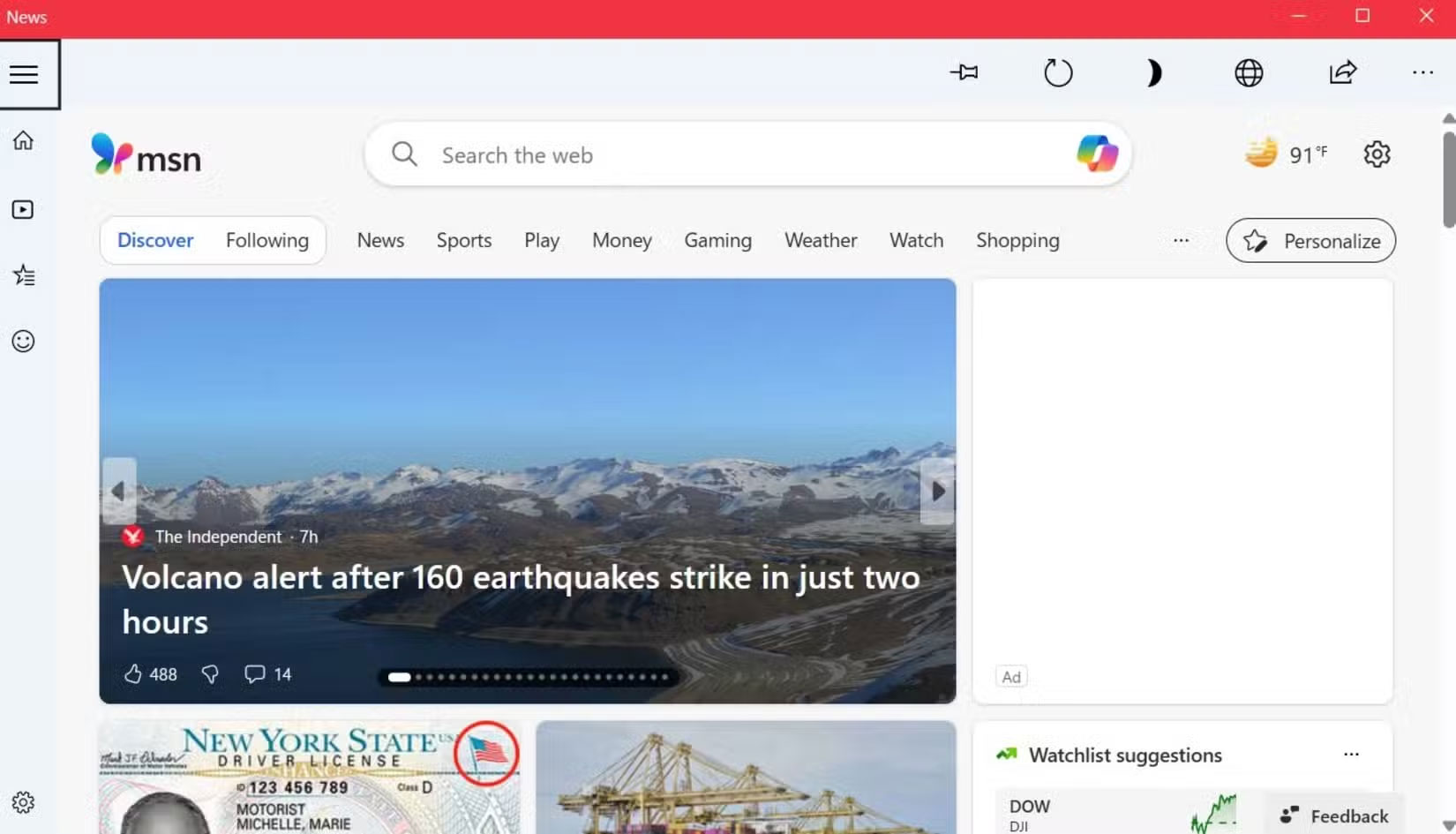 Tab Home ứng dụng Microsoft News