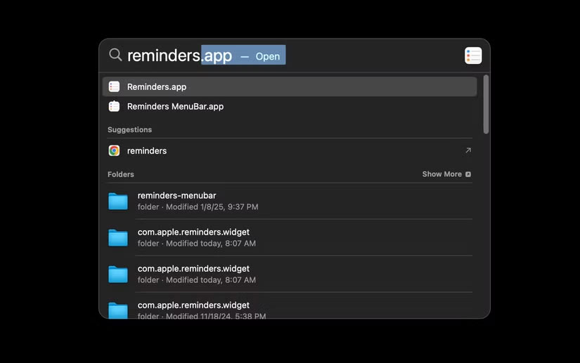 Trang Spotlight có Reminders trong thanh tìm kiếm