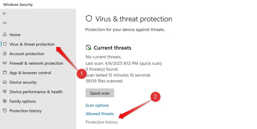 Mở Protection History trong ứng dụng Windows Settings.