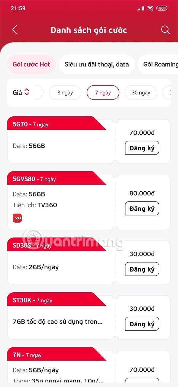 Chọn gói cước 7 ngày My Viettel