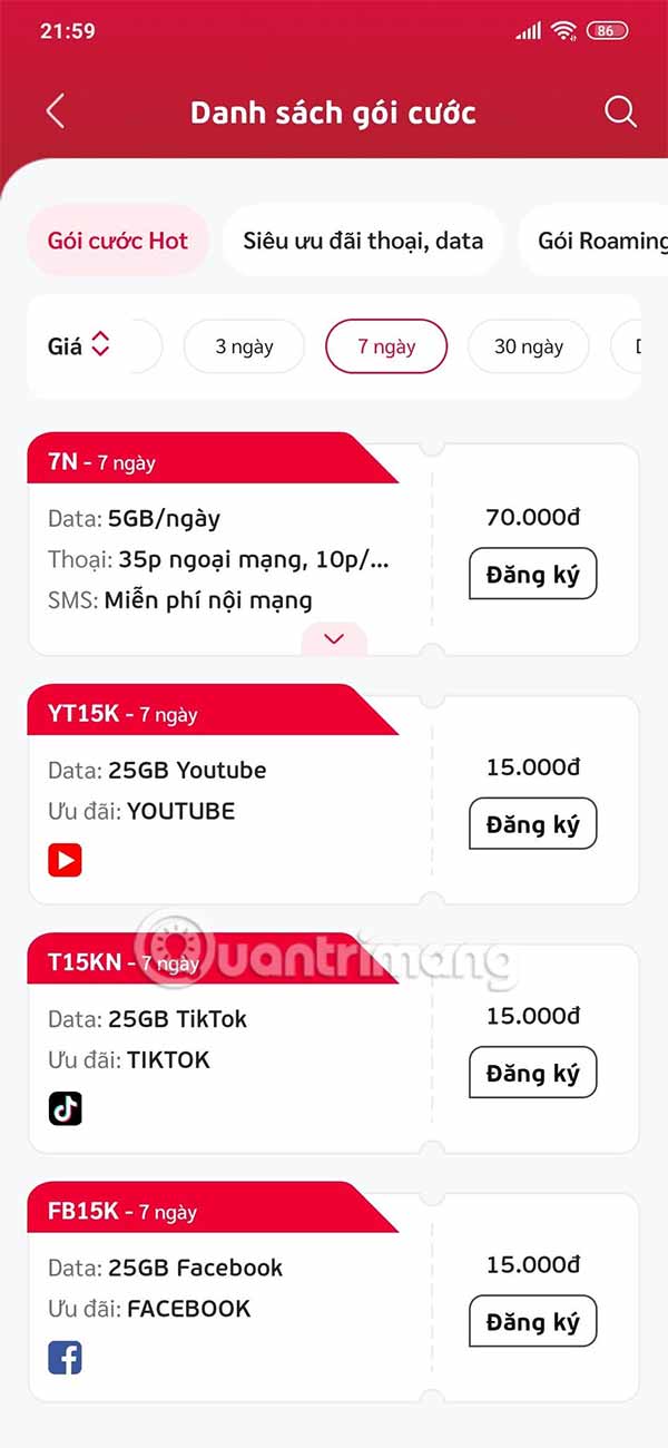 Đăng ký gói cước 7 ngày My Viettel