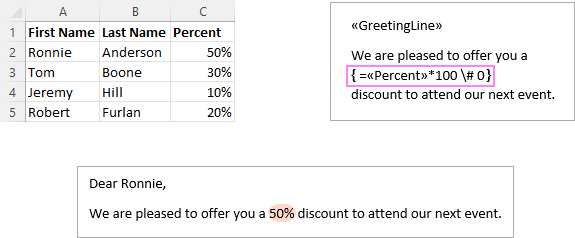 Định dạng phần trăm Excel trong Mail Merge