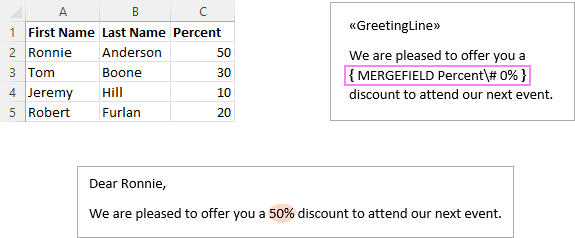 Định dạng phần trăm trong Mail Merge