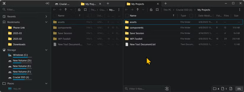 File Pilot với hai bảng điều khiển mở trên Windows 11