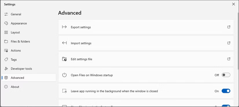 Hộp thoại cài đặt nâng cao trong ứng dụng File trên Windows 11