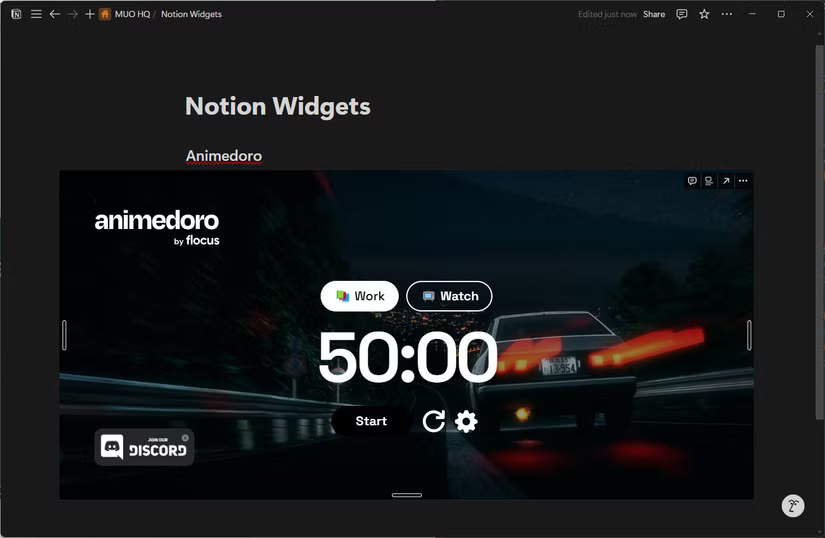 Widget Animedoro mở trong Notion