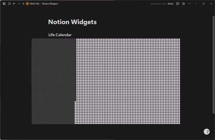 Widget Life Calendar mở trong Notion