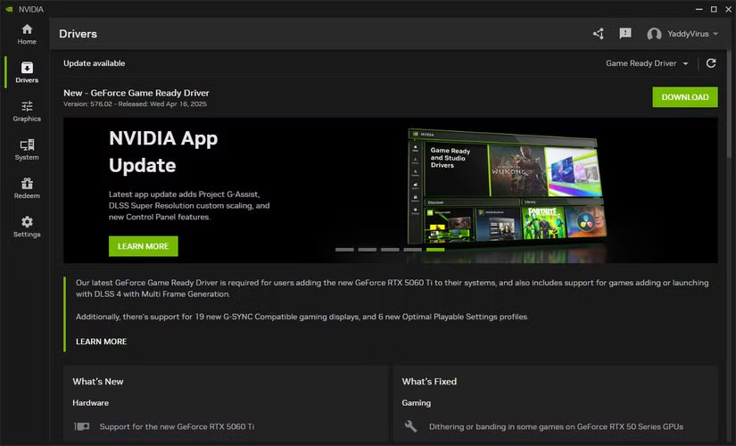 Ứng dụng Nvidia với bản cập nhật driver mới nhất