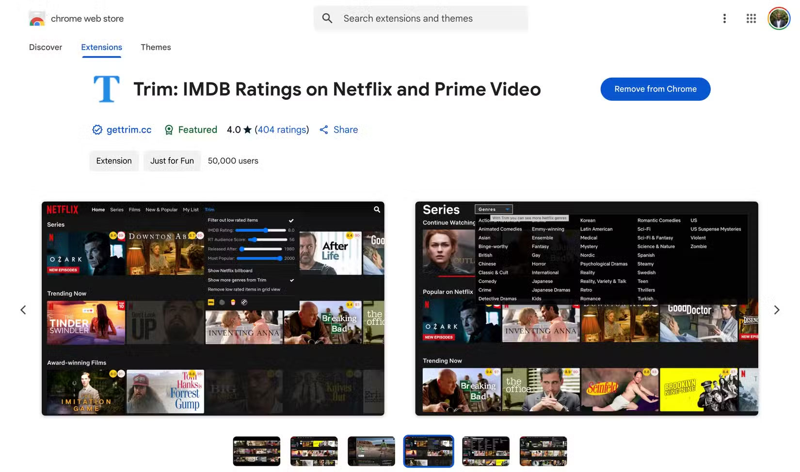 Trang extension Trim trong Chrome Web Store