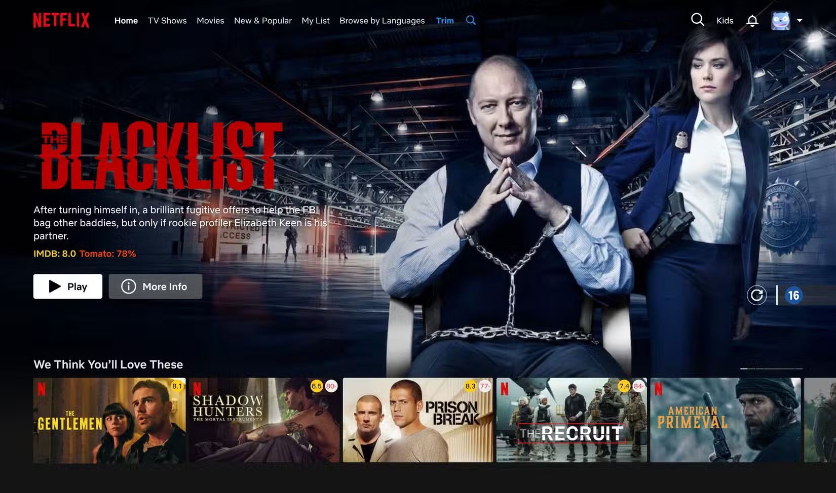 Netflix trên trình duyệt với extension Trim được cài đặt hiển thị xếp hạng IMDB và Rotten Tomatoes