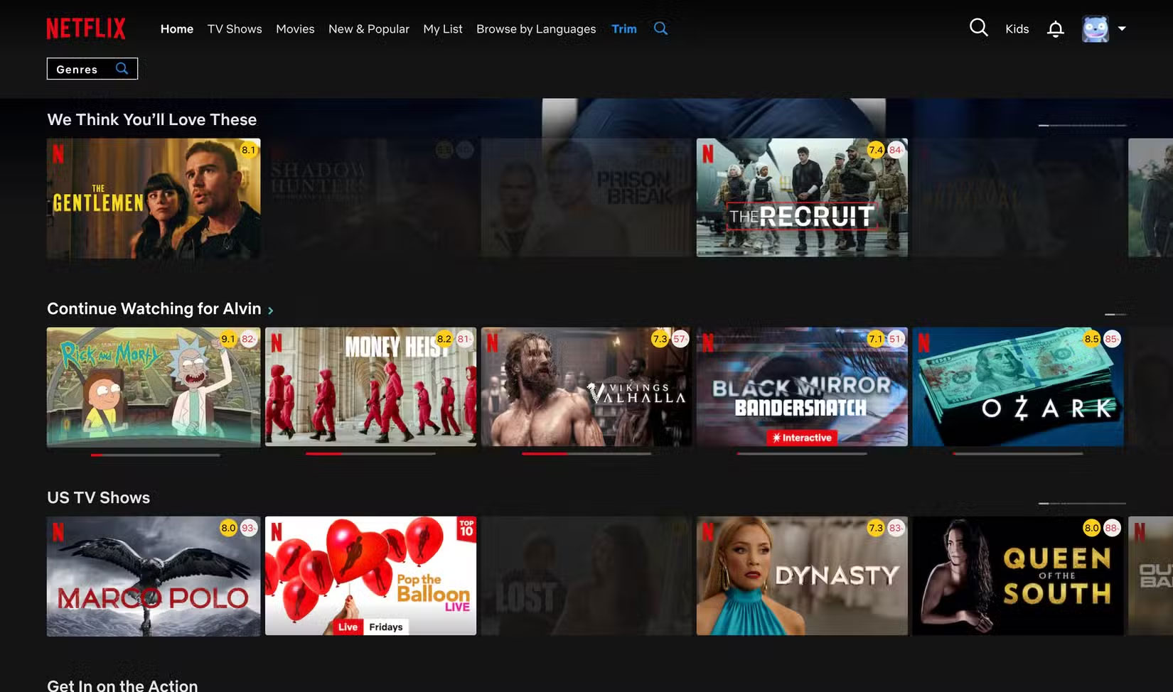 Sử dụng extension Trim để làm mờ dần các đề xuất Netflix không mong muốn dựa trên xếp hạng và năm phát hành