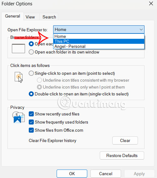 Thay đổi File Explorer mặc định sang This PC
