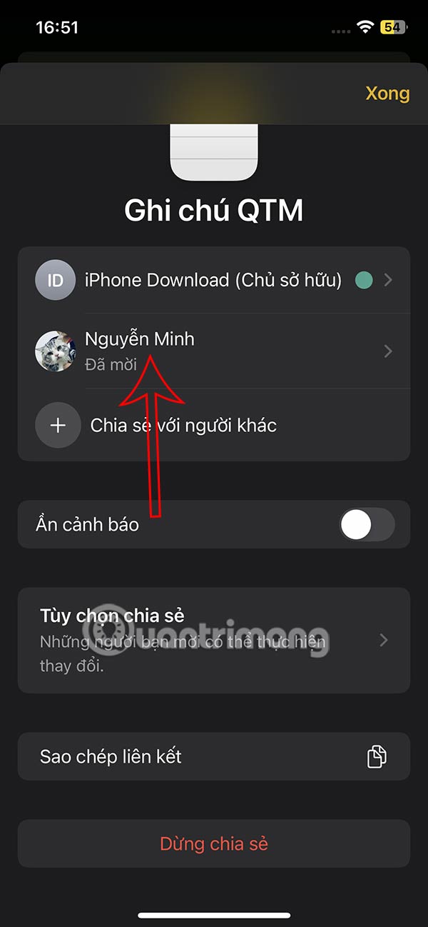 Chọn người dùng chia sẻ ghi chú