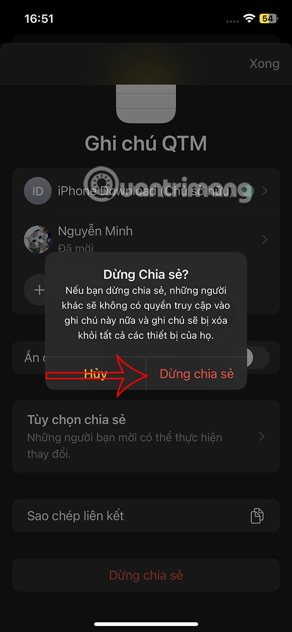 Dừng chia sẻ ghi chú iPhone