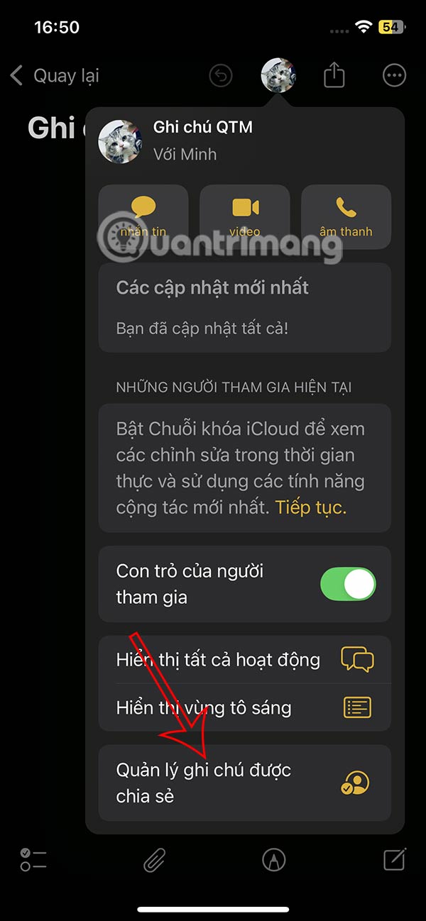 Quản lý chia sẻ ghi chú iPhone