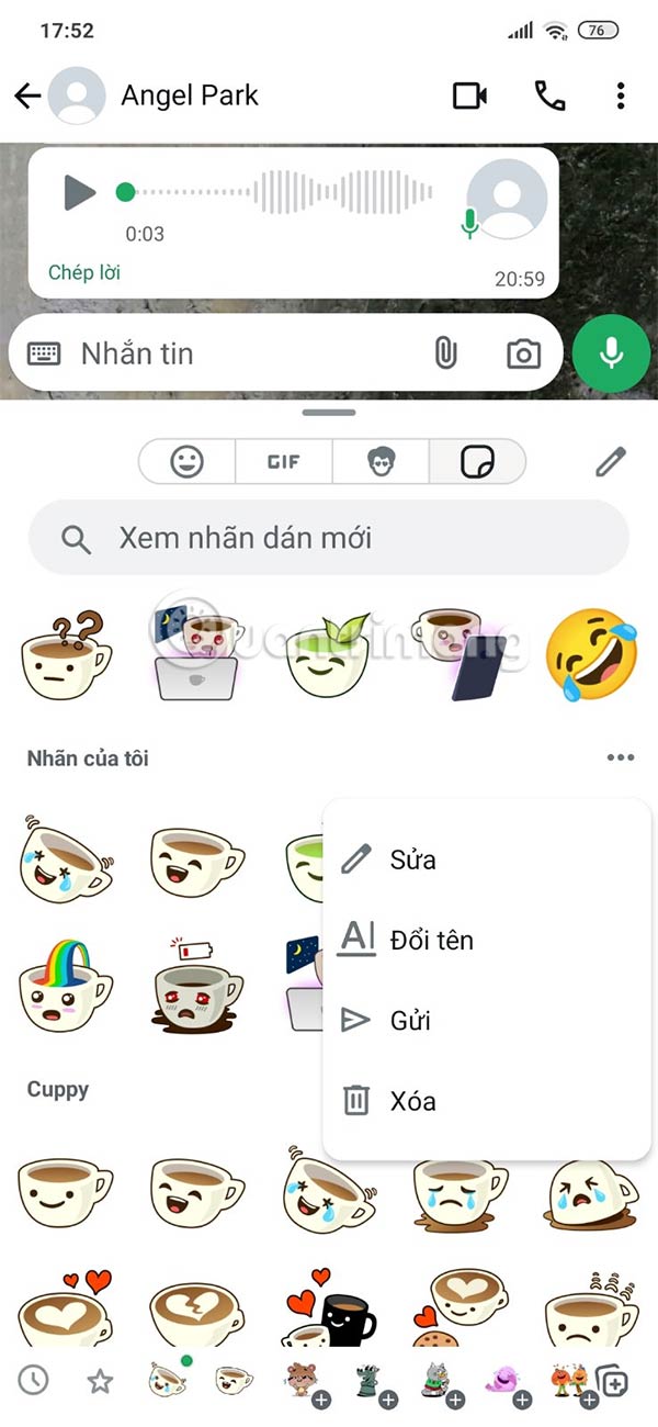 Menu gói sticker