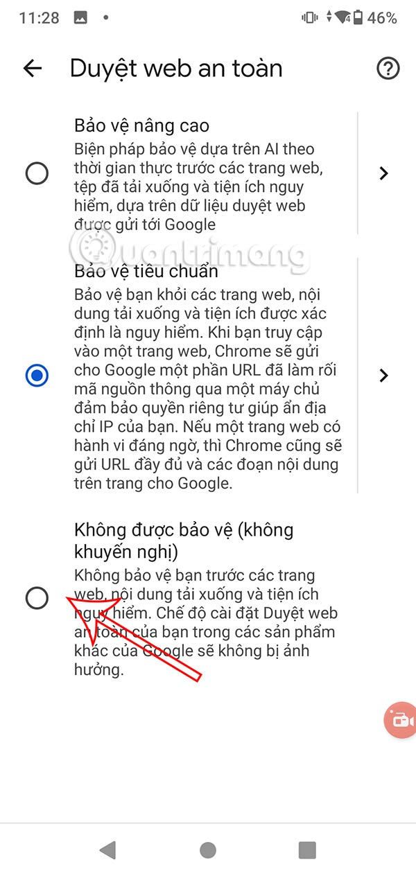 Chọn tắt duyệt web an toàn