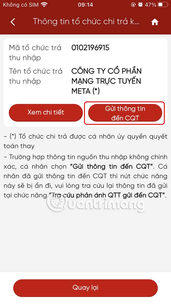 Gửi thông tin tới cơ quan thuế