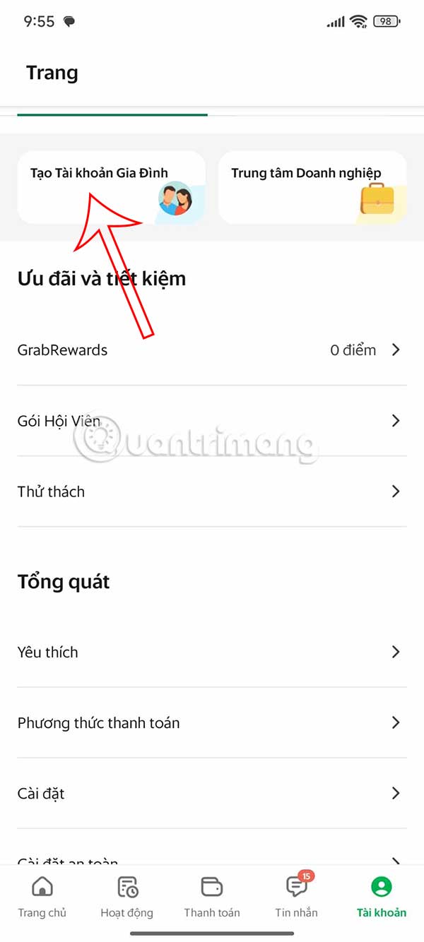 Tài khoản gia đình Grab