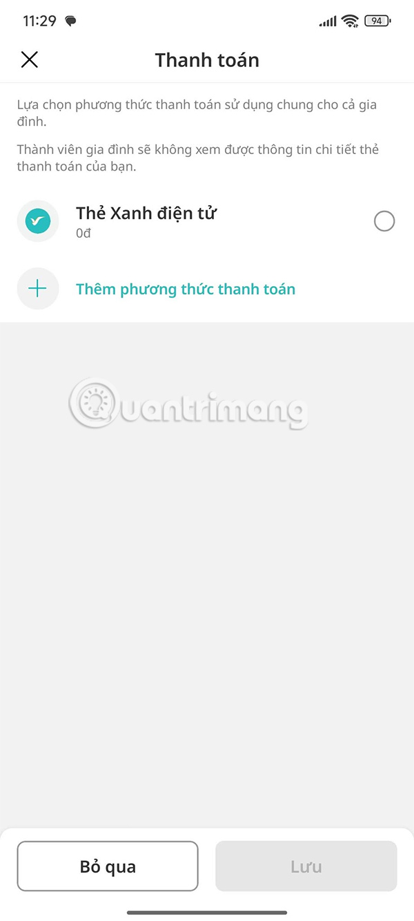 Thêm phương thức thanh toán Xanh SM