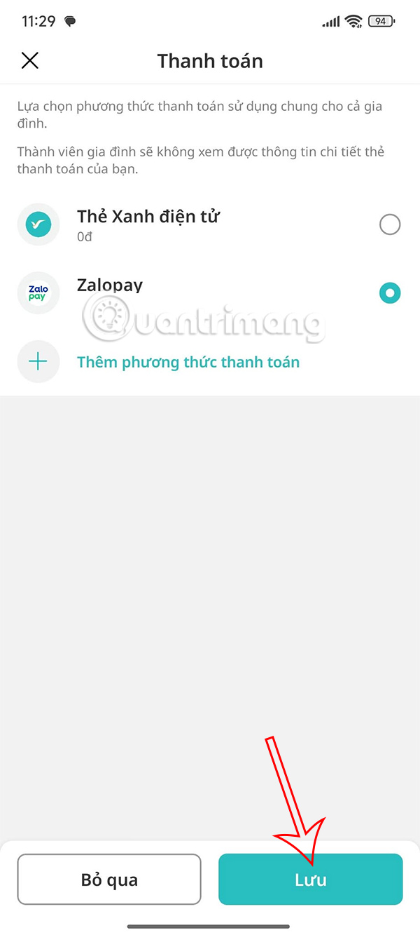 Lưu phương thức thanh toán