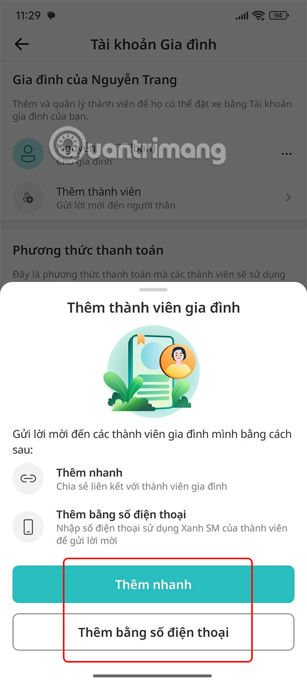 Mời thành viên gia đình