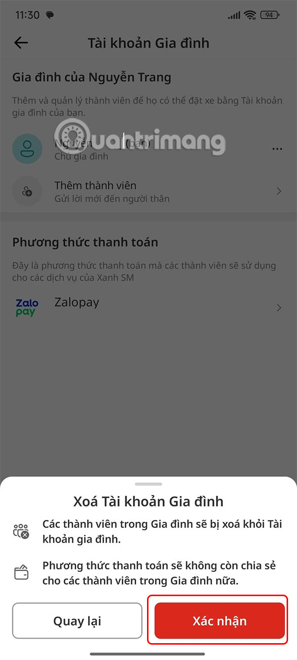 Xóa tài khoản gia đình Xanh SM