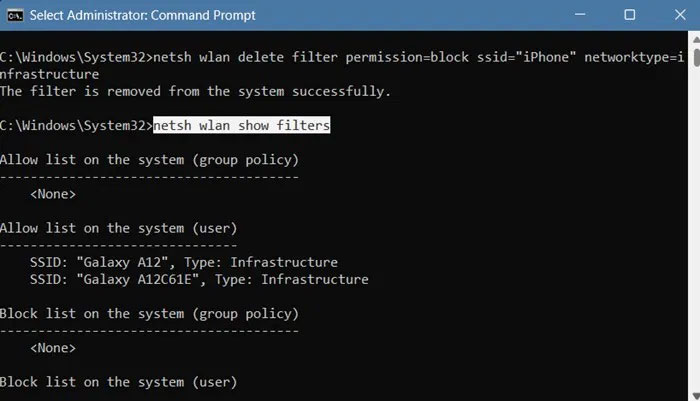 Hiển thị lệnh bộ lọc trong Command Prompt để hiển thị tất cả các mạng Wi-Fi bị đưa vào danh sách đen.