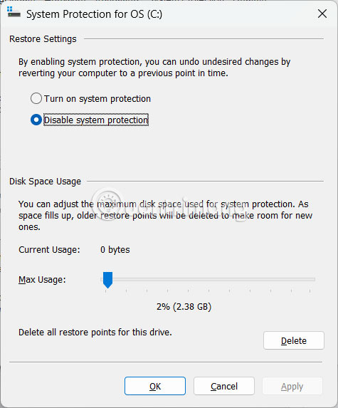 Giảm thiểu kích thước System Restore