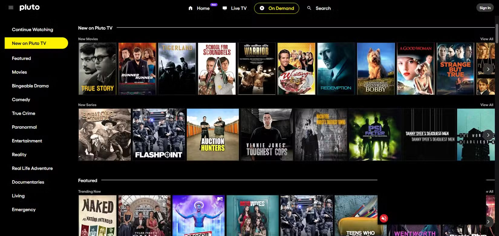 Trang chủ của Pluto TV