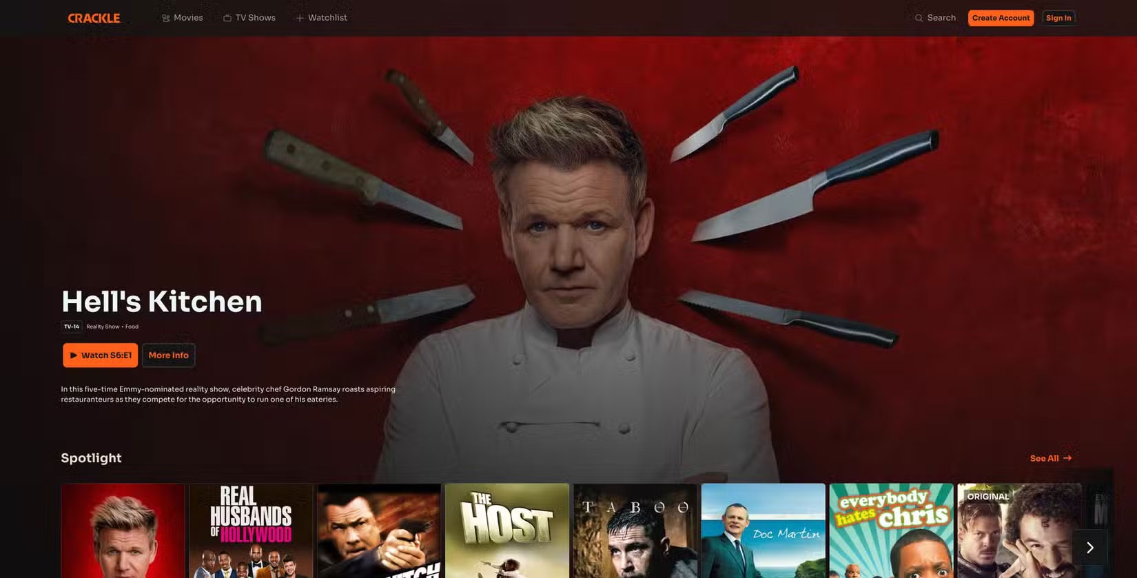 Trang chủ Crackle có quảng cáo Hells Kitchen