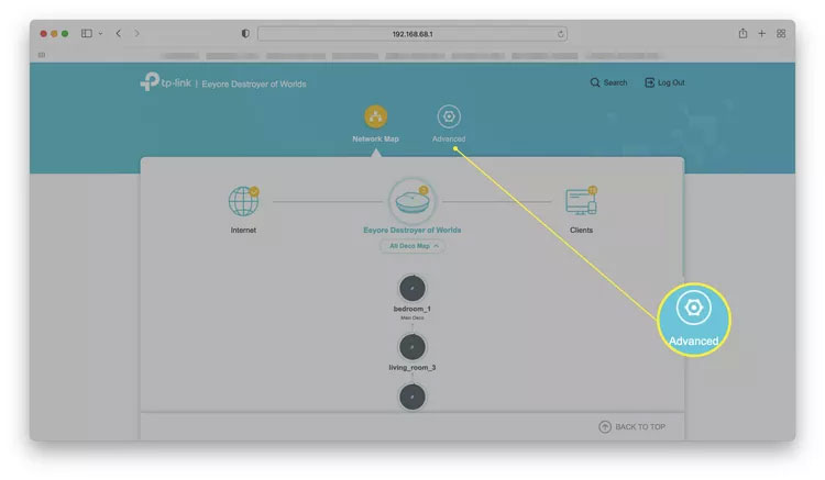 Giao diện router với tùy chọn Advanced được highlight