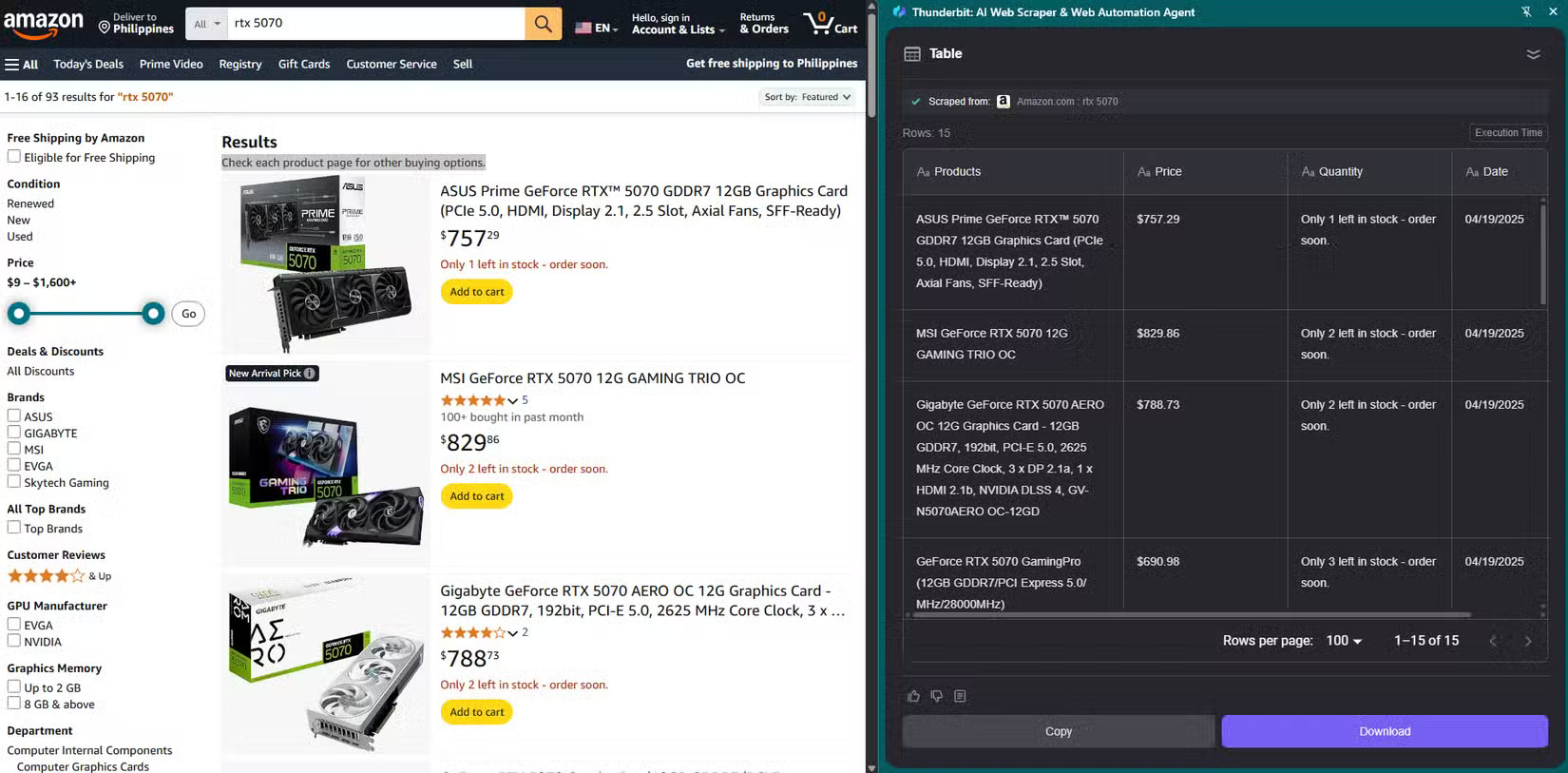 Trích xuất dữ liệu Amazon bằng Thunderbit