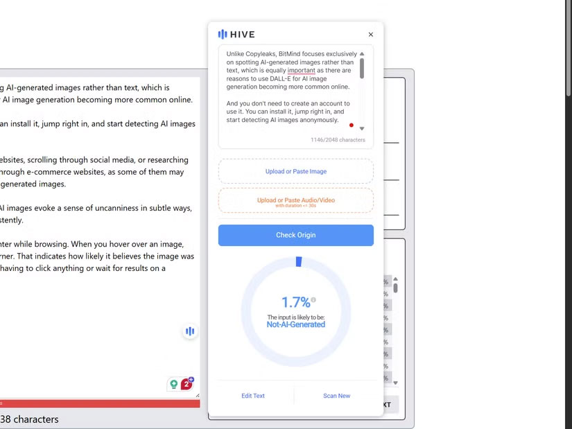 Chrome extension Hive AI xác nhận nội dung là do con người viết trong thanh bên.