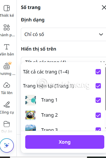 Chọn đánh số trang trong Canva 
