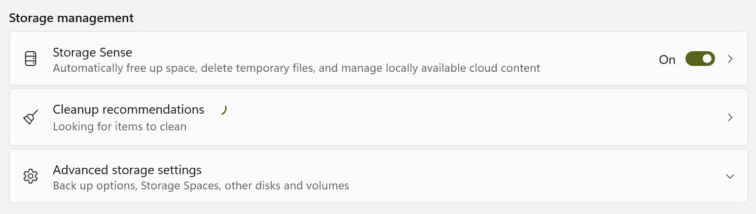 Bật Storage Sense trong ứng dụng Settings trên Windows.