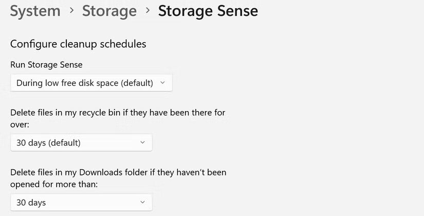 Cấu hình lịch dọn dẹp cho Storage Sense trong ứng dụng Settings trên Windows.