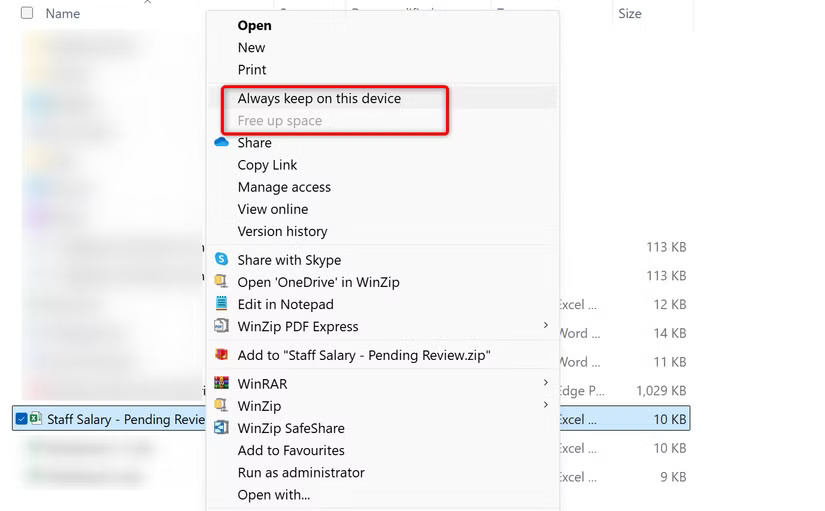 Các tùy chọn để giữ file OneDrive chỉ trực tuyến hoặc tải xuống trên máy tính.