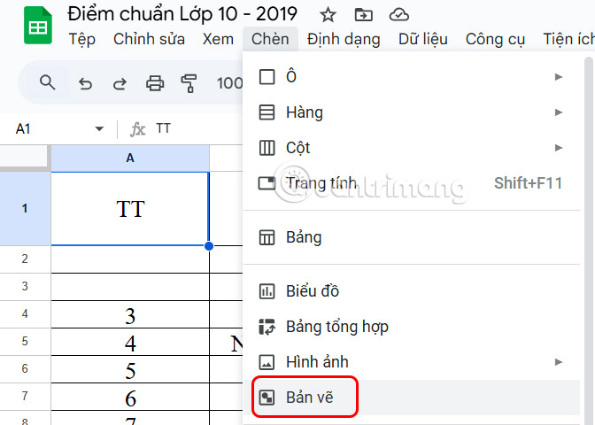 Bản vẽ trong Google Sheets