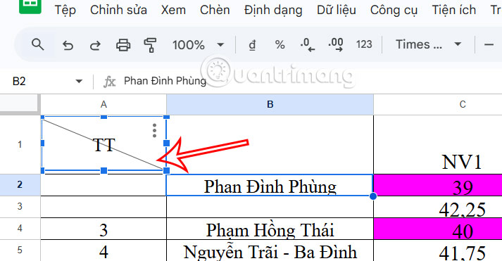 Chỉnh đường kẻ chéo trong Google Sheets