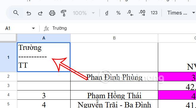 Đường kẻ chéo trong Google Sheets